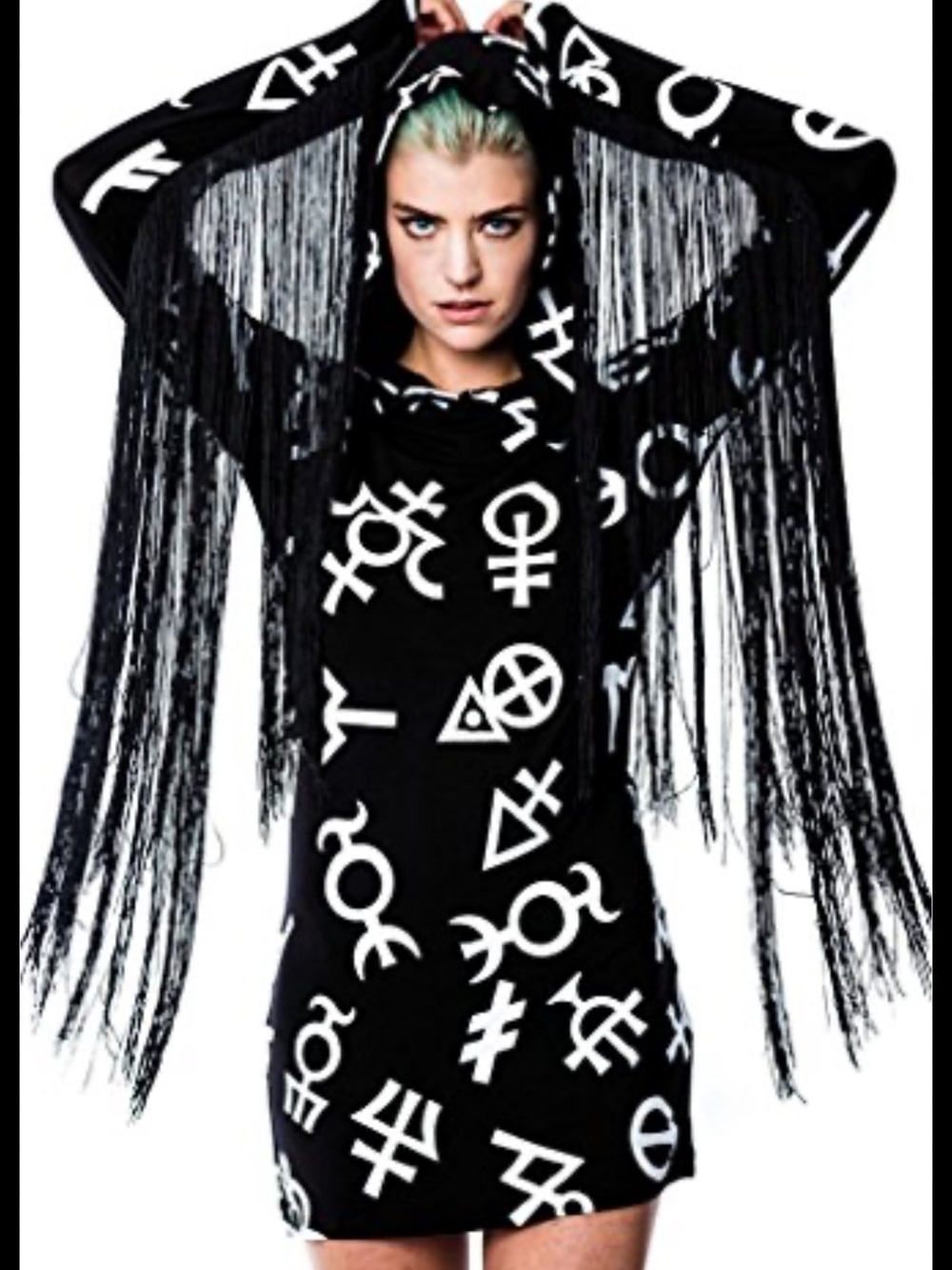 Killstar Black Mini Hooded Dress White Occult Symbolic Fringe Goth Halloween